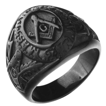 Master Mason Freemason Men's Black Stainless Steel Vintage Style Masonic Ring - The Jewellery Supermarket